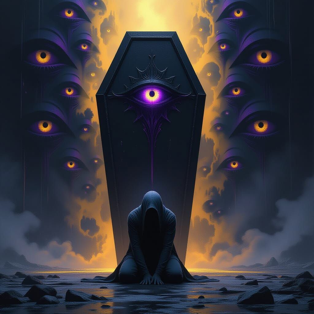 Humanoid Kneels in Despair on Coffin Ground