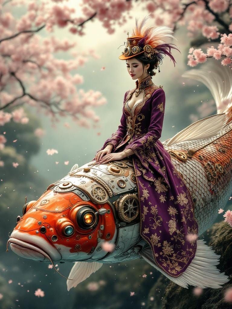 Steampunk Queen Rides Mechanical Koi in Japanese Garden