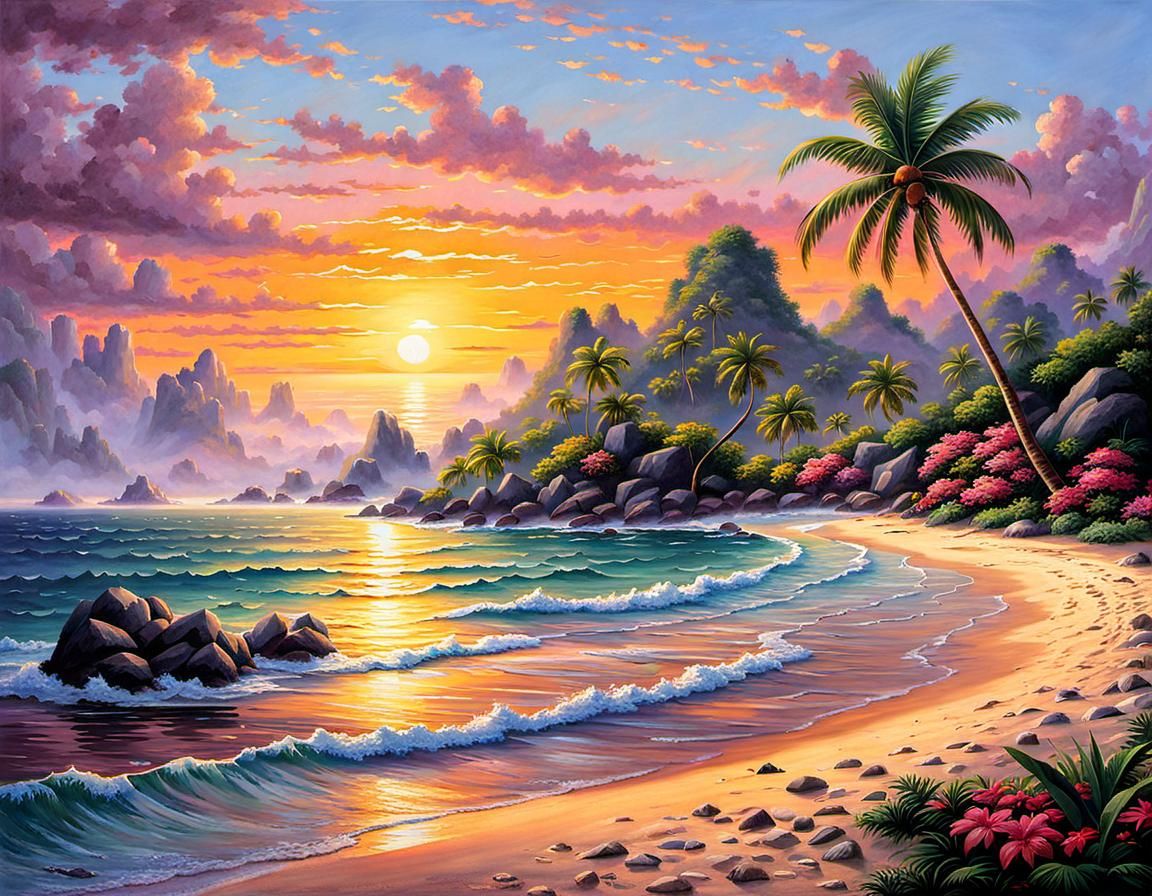 Tropical Island Sunset in Luminist Style