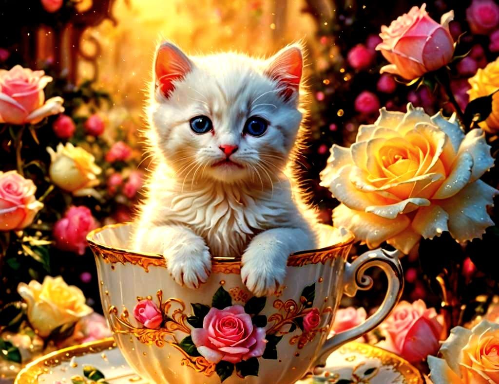 Kitten in Teacup with Roses in Hyperrealistic Style