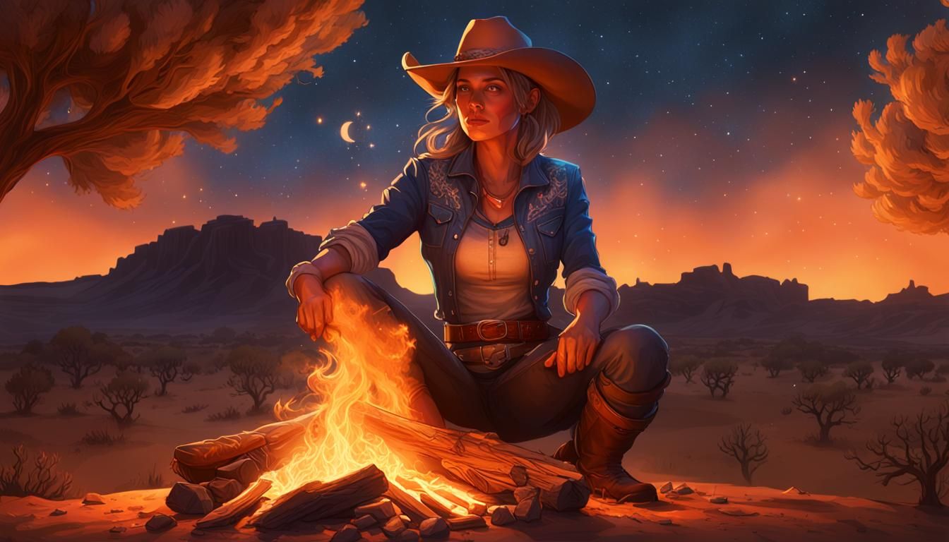 Cowgirl Cooking in Desert Night, Digital Portrait