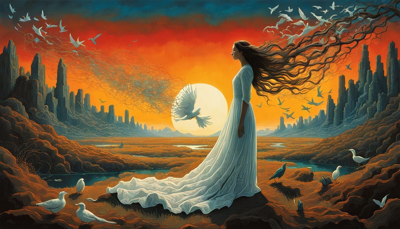 Ethereal Woman in Sunset Landscape with Shattered Mirror