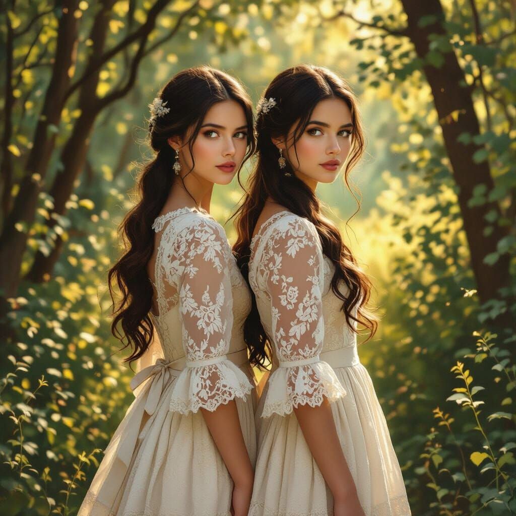 Ethereal Twin Sisters in Sunlit Forest Glade