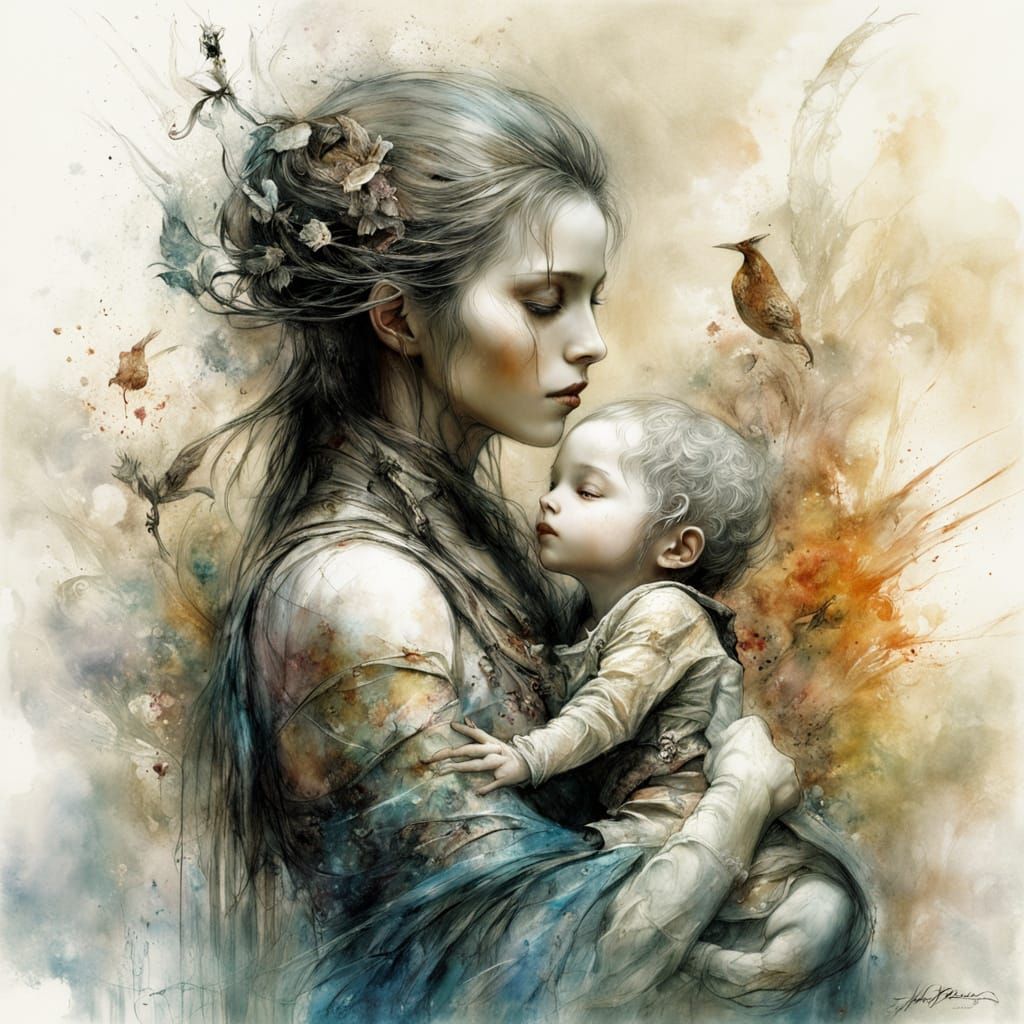 Mother and Child in Vibrant Spring Landscape