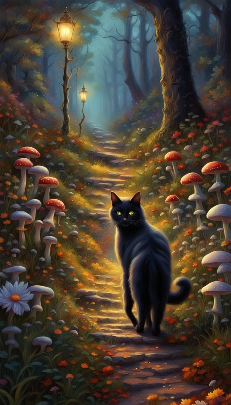 Night Cat on Forest Trail, Ethereal Digital Painting