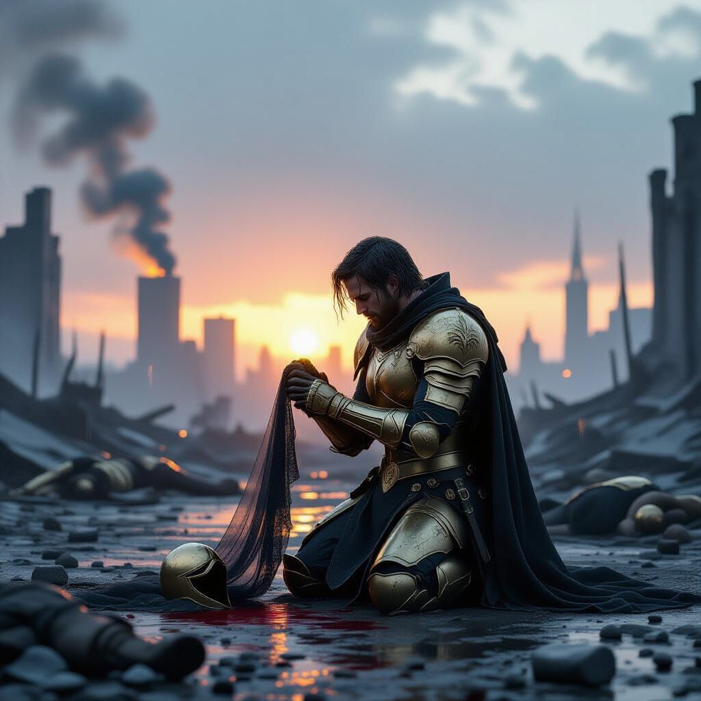 Ruined City at Dawn with Kneeling Warrior