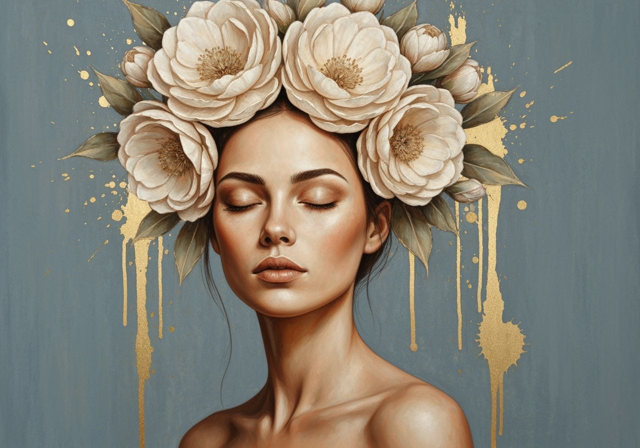 Serene Woman Crowned with Cream Flowers in Elegant Portrait
