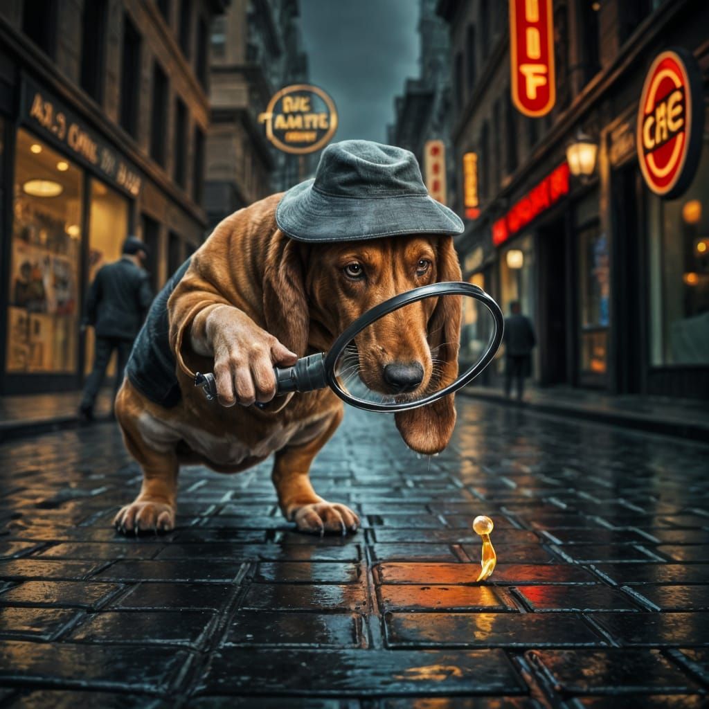 Basset Hound Detective Solves Mystery on Rainy City Street