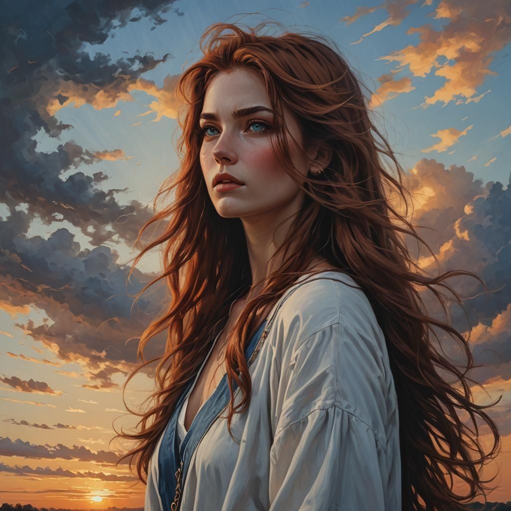 Auburn-Haired Woman with Blue Eyes in Sunset