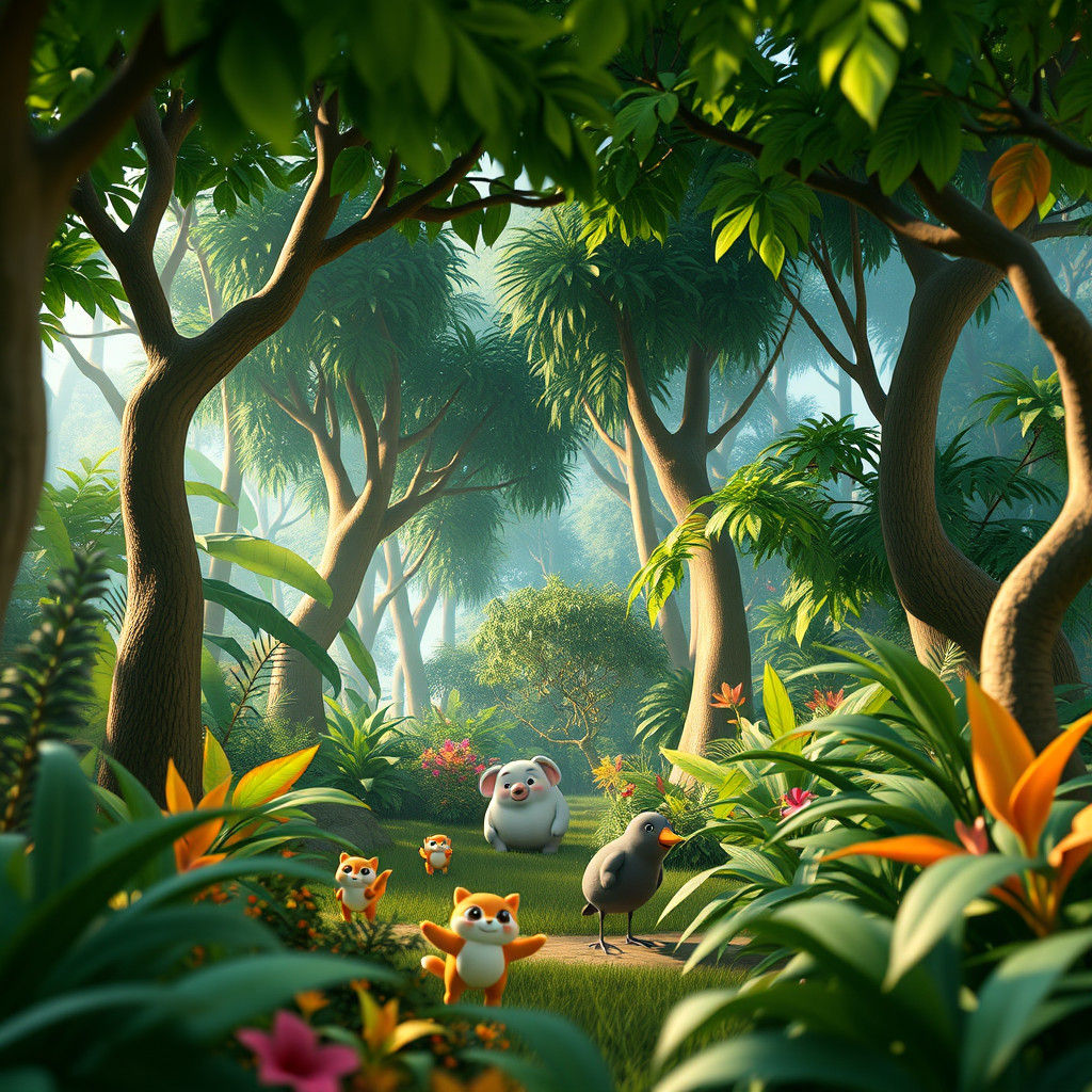 Vibrant Jungle Scene with Playful Creatures in 8K Resolution