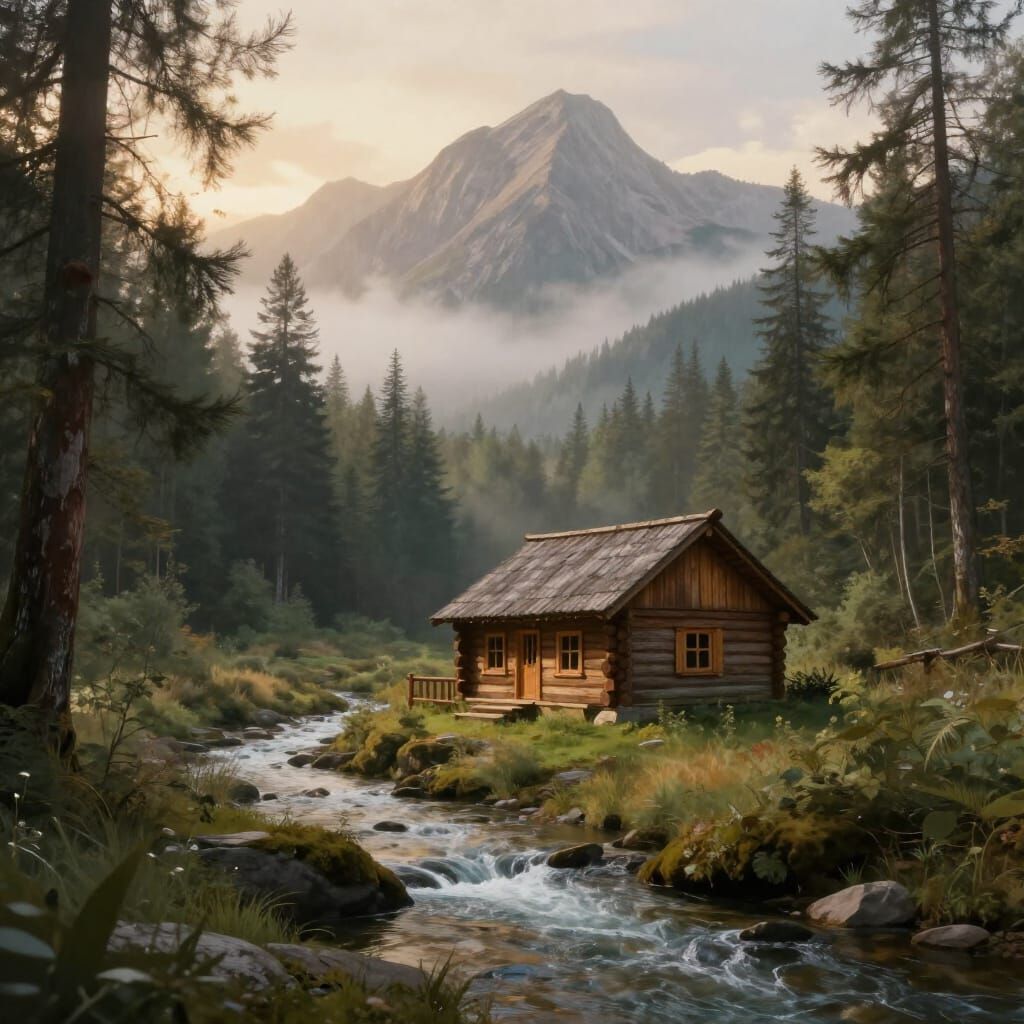 Mystical Log Cabin in Forest with Mountains