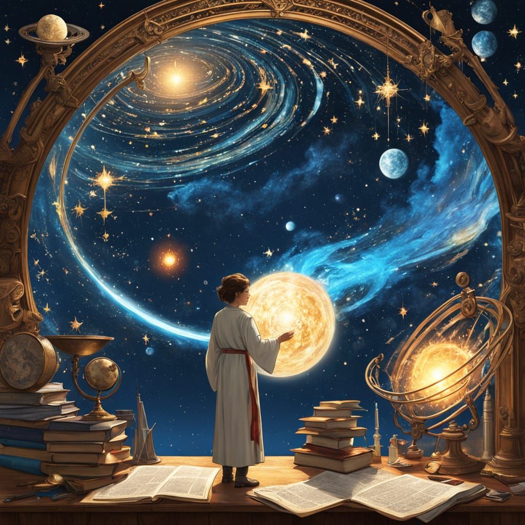 Celestial Librarian Cataloging Constellations in Mucha Style