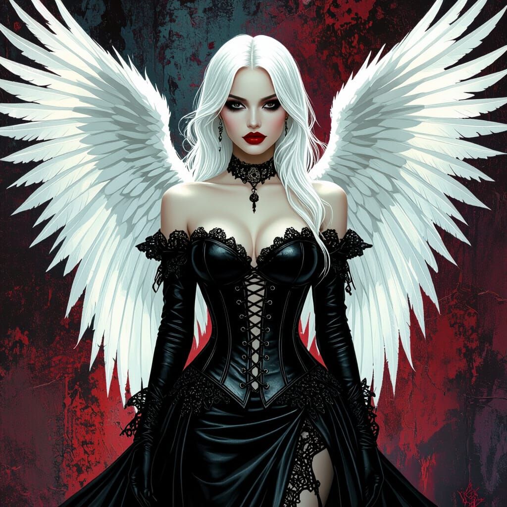 Ethereal Angel with Red Lips and Dark Makeup in Gothic Style