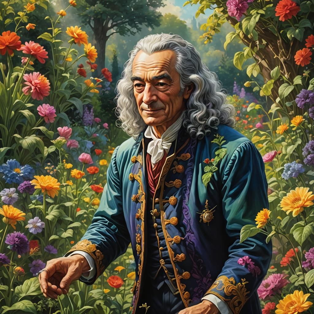 Man Cultivating Garden with Music: Hyperrealistic Splash Art