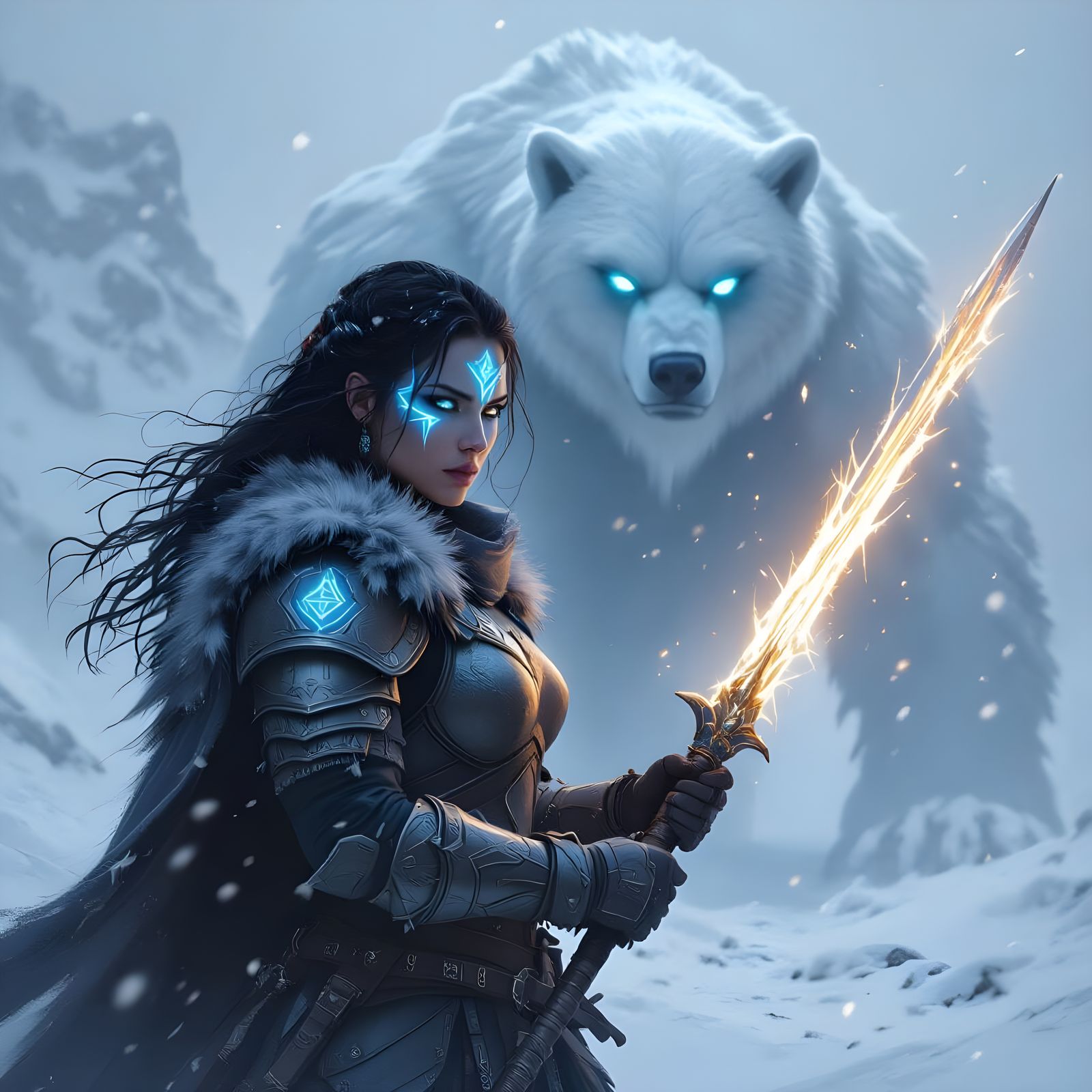 Nordic Woman and Spectral Bear in Blizzard