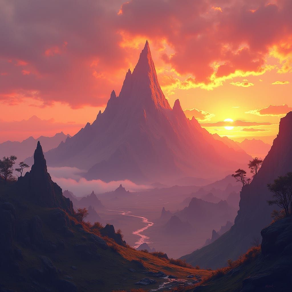 Fantastical Mountain Range at Sunset