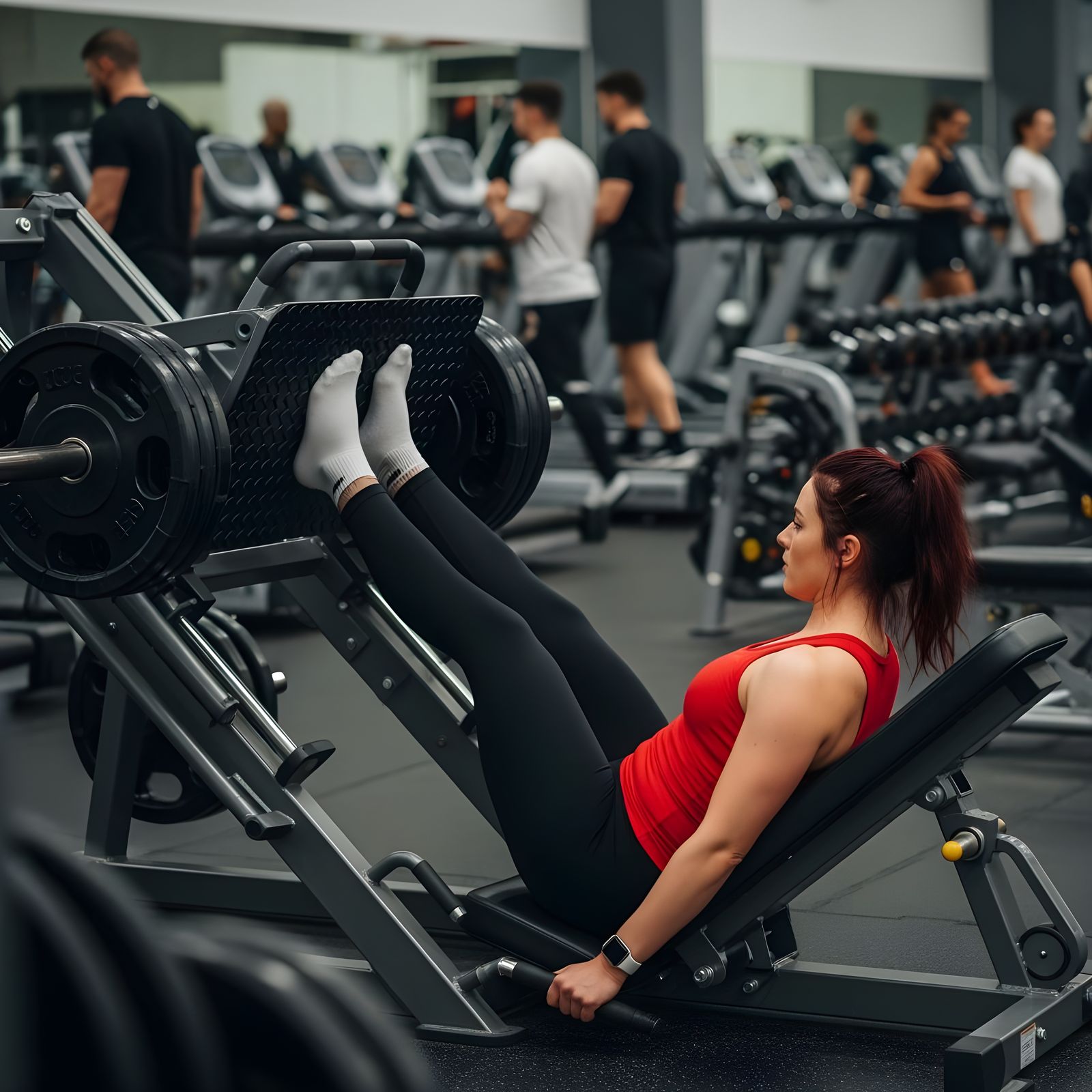 Woman Performing Leg Press in Public Gym