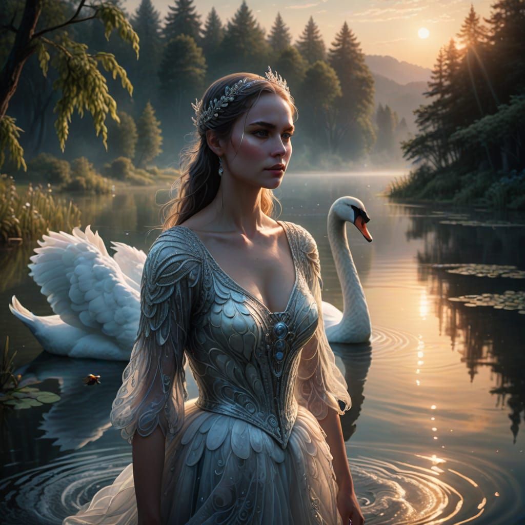 Swan Woman by Mystical Lake: Fantasy Art