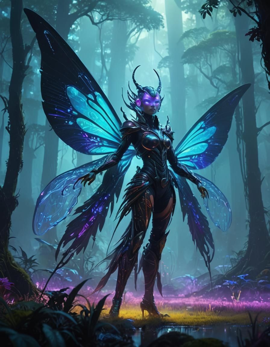 Alien Fairy in Bioluminescent Sci-Fi Landscape