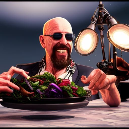 Rob Halford Eating Salad in Dark Fantasy Style