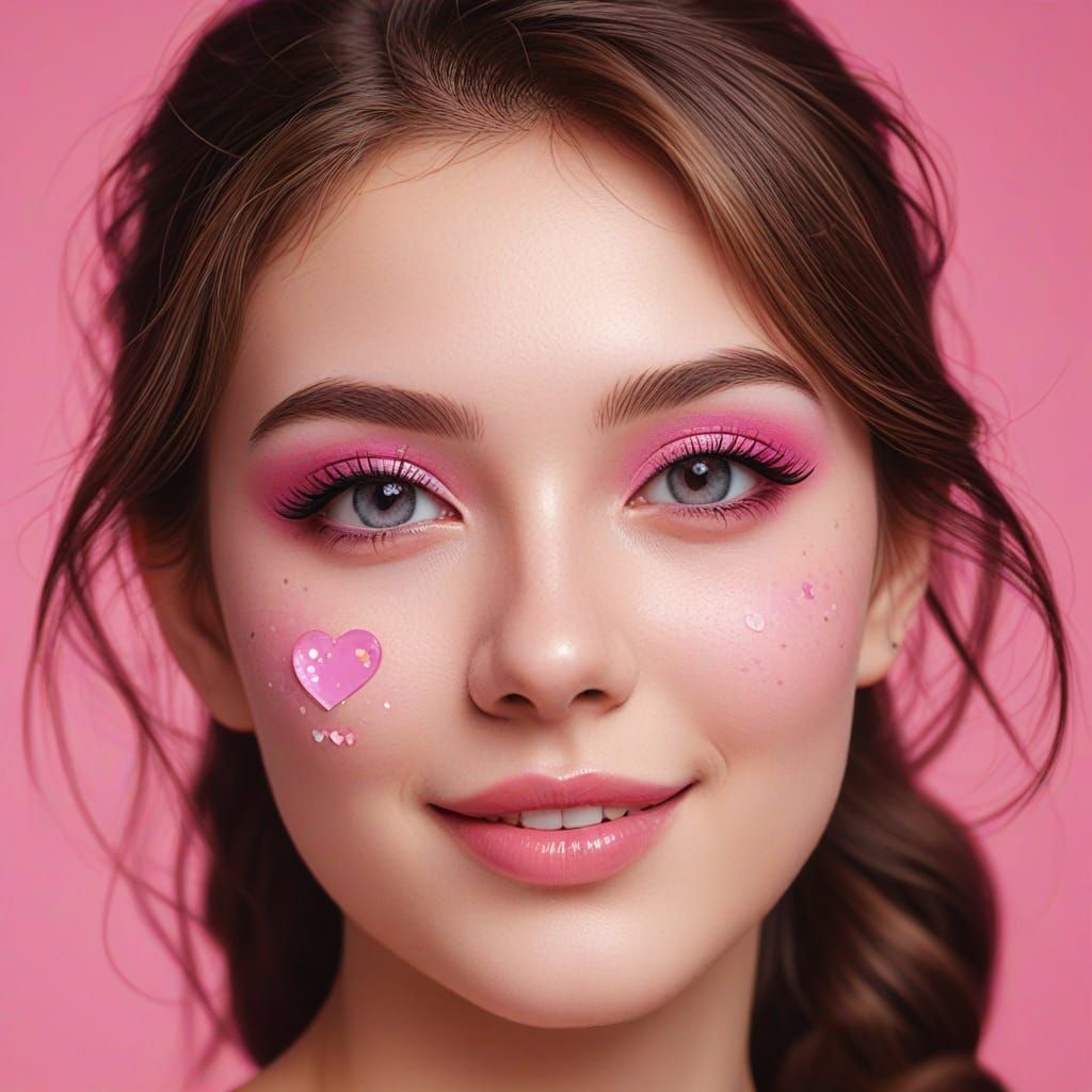 Pretty Woman with Pink Heart Sticker, Vibrant Pop Art Style