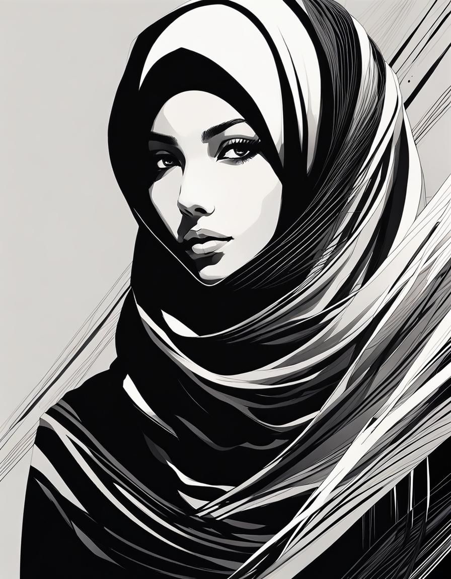 Elegant Woman with Hijab in Black and White