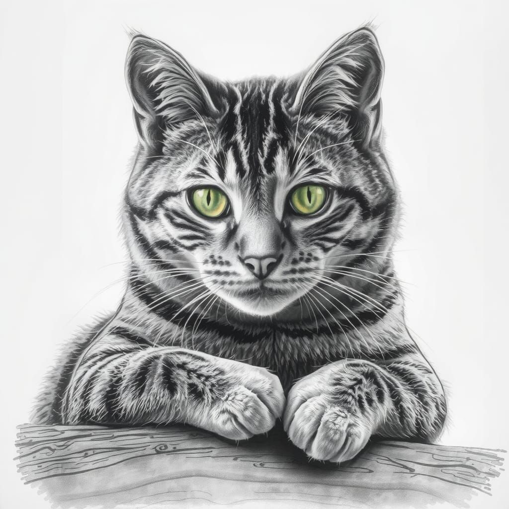 Grey Tabby Cat Stretching: Detailed Charcoal Drawing