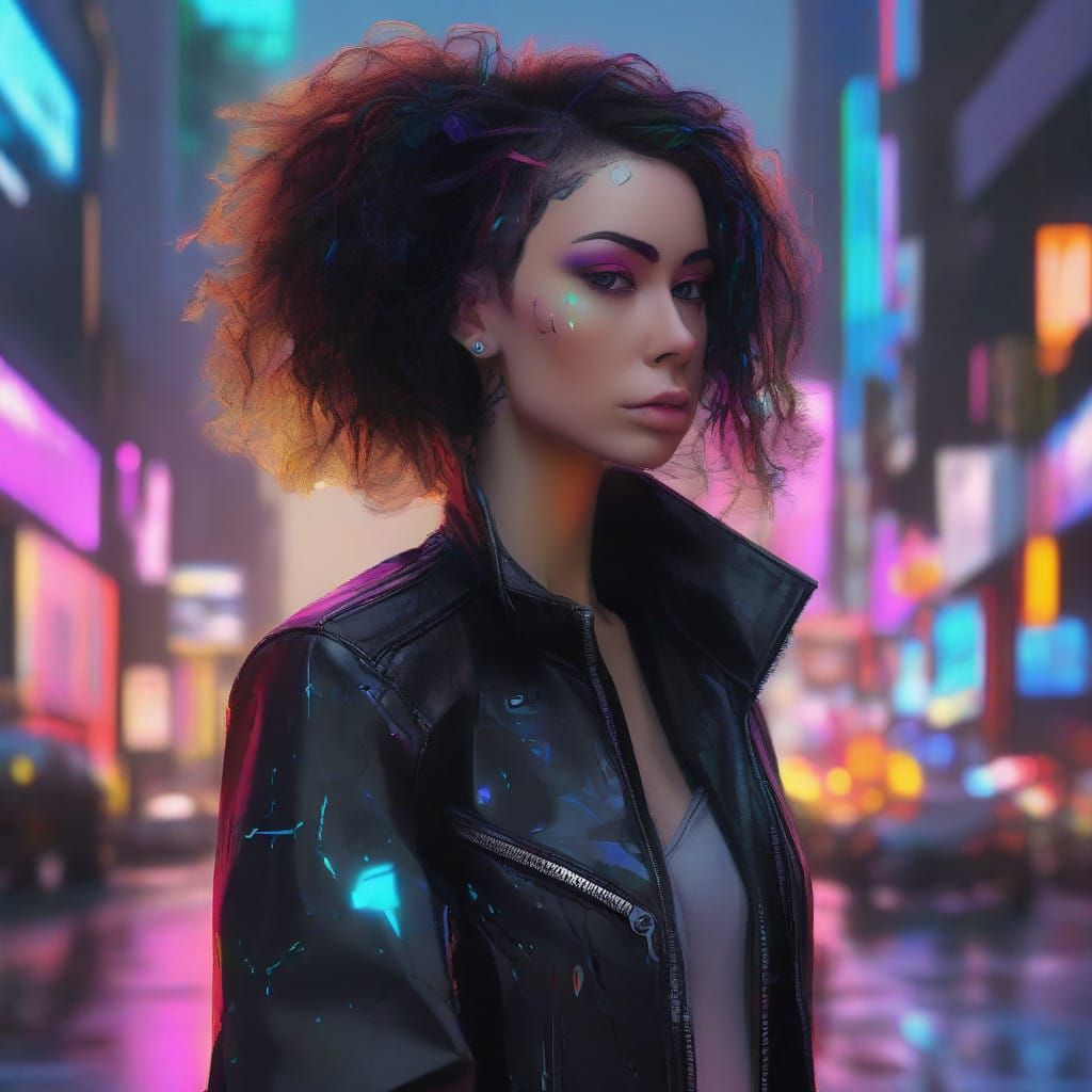 Cyberpunk Woman in Neon-Lit Cityscape