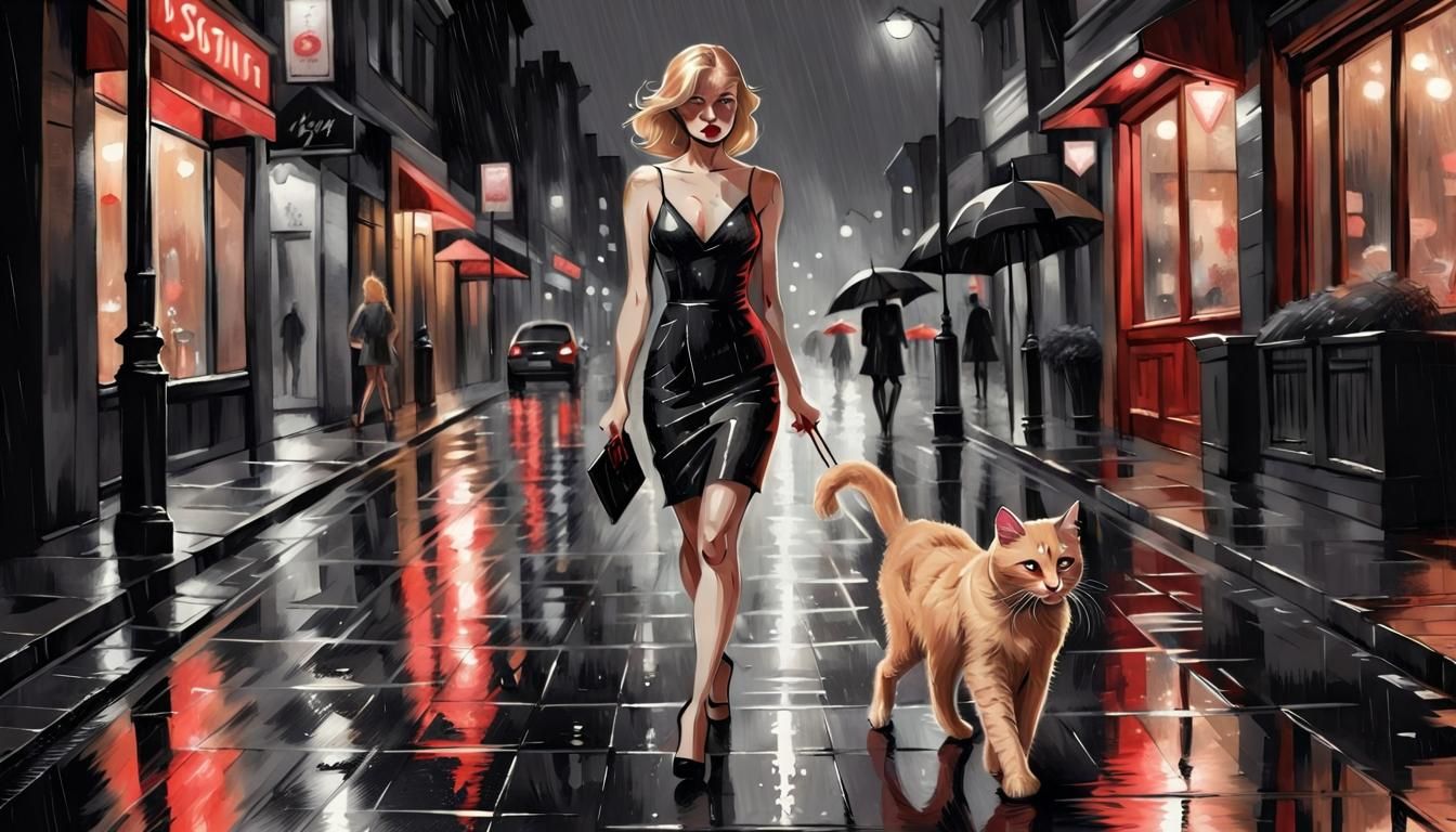 Noir Pen Drawing of Woman and Cat