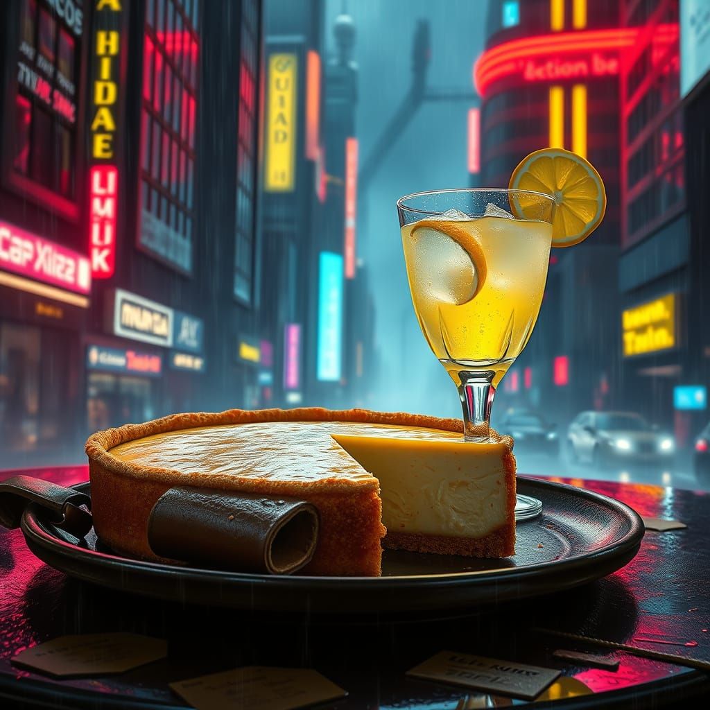 Cyberpunk Cheesecake & Lemon Drink in Neon Cityscape