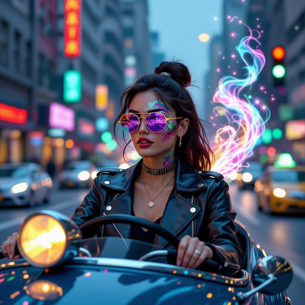 Magical Taxi Driver in a Neon Cityscape