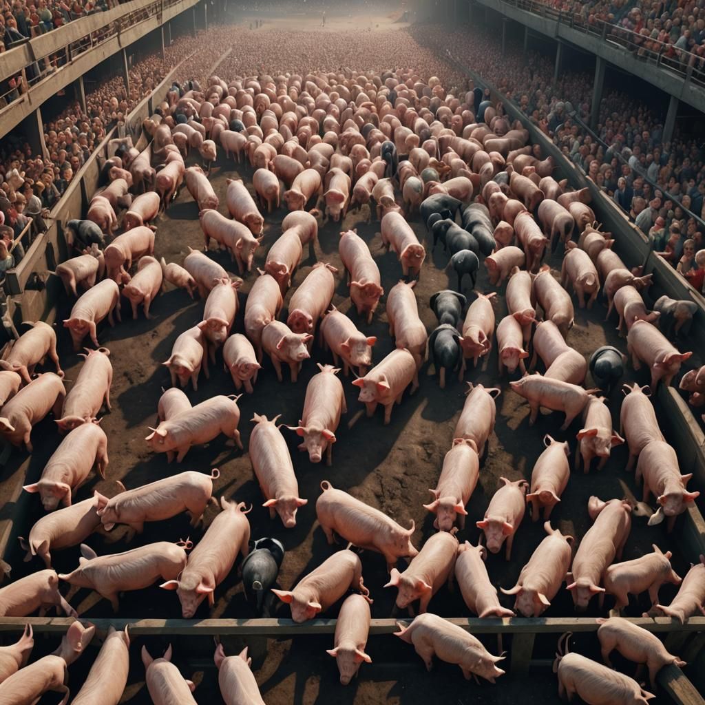 Pig Overlooks Farm Animal Crowd: Detailed Matte Painting