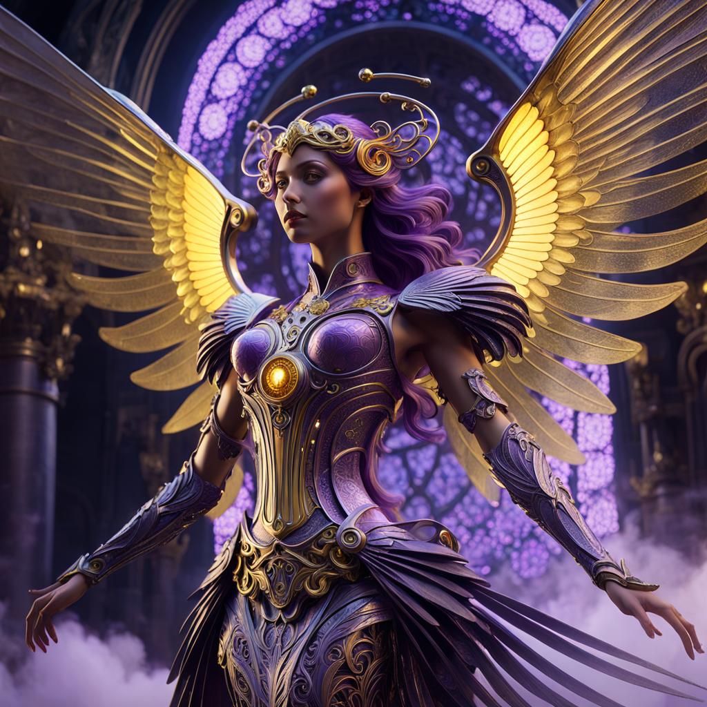 Faceless Mechanical Angel in Art Nouveau Style