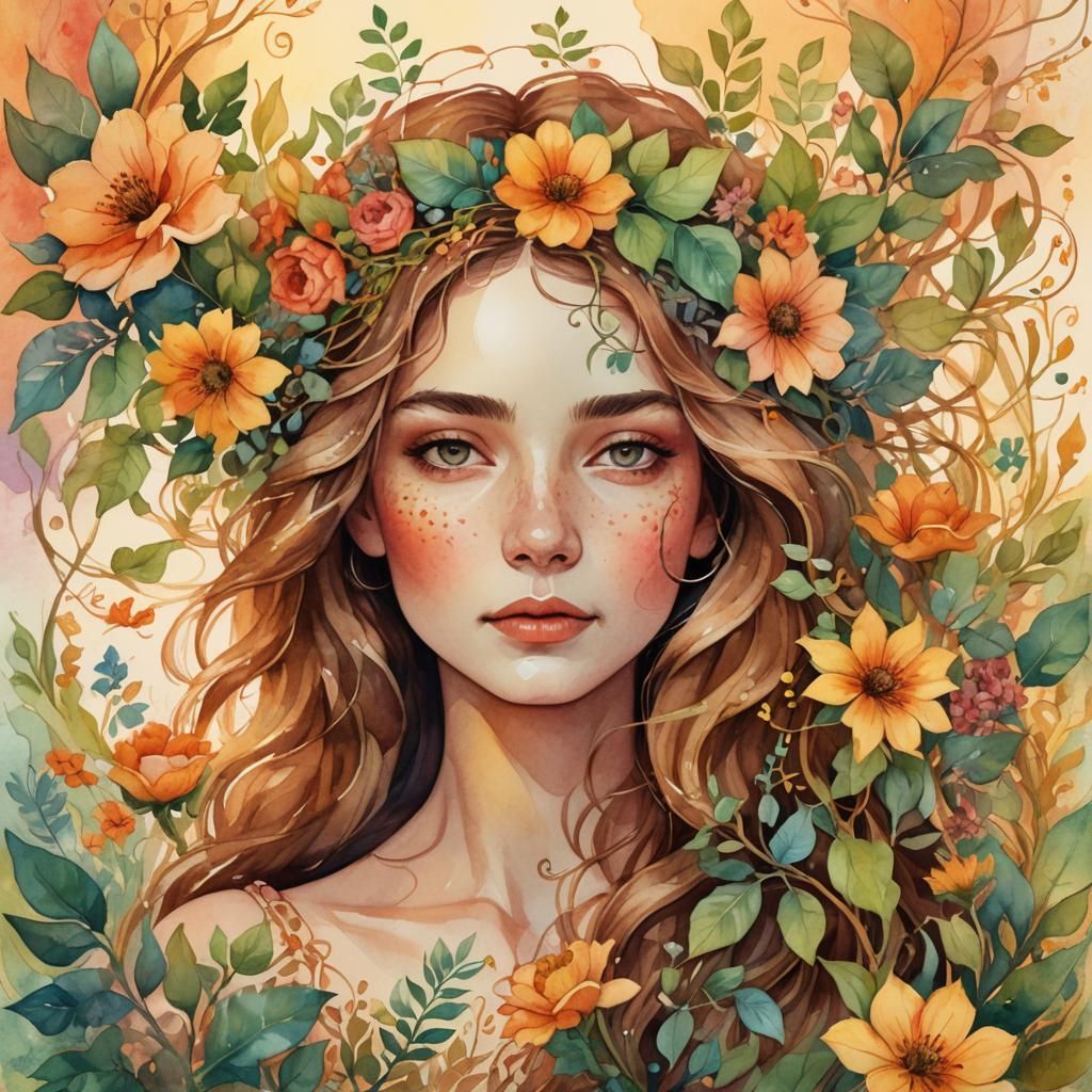 Watercolor Sunset Portrait in Whimsical Style