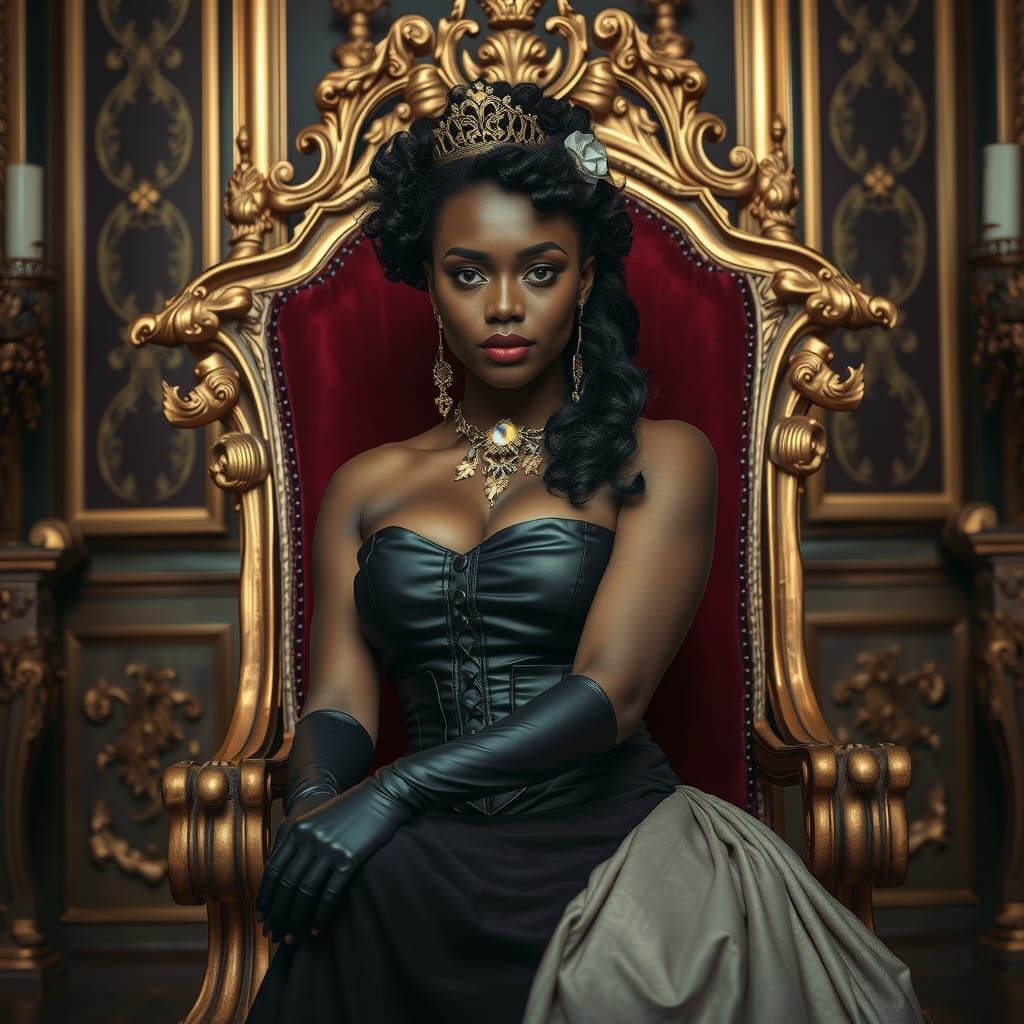 Marie Antoinette in Leather Gown on Throne