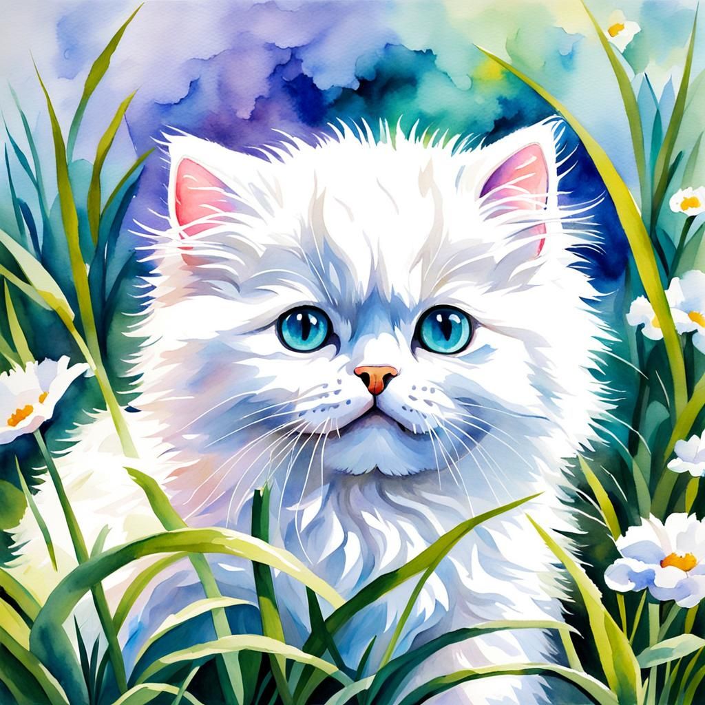 Watercolor Kitten in Garden, Painterly Style