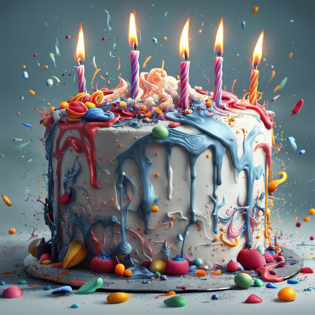 Birthday Cake with Lit Candles in Matte Painting Style