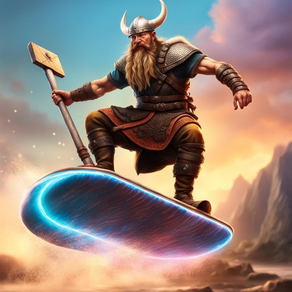 Viking on Hoverboard: Hyperrealistic Splash Art