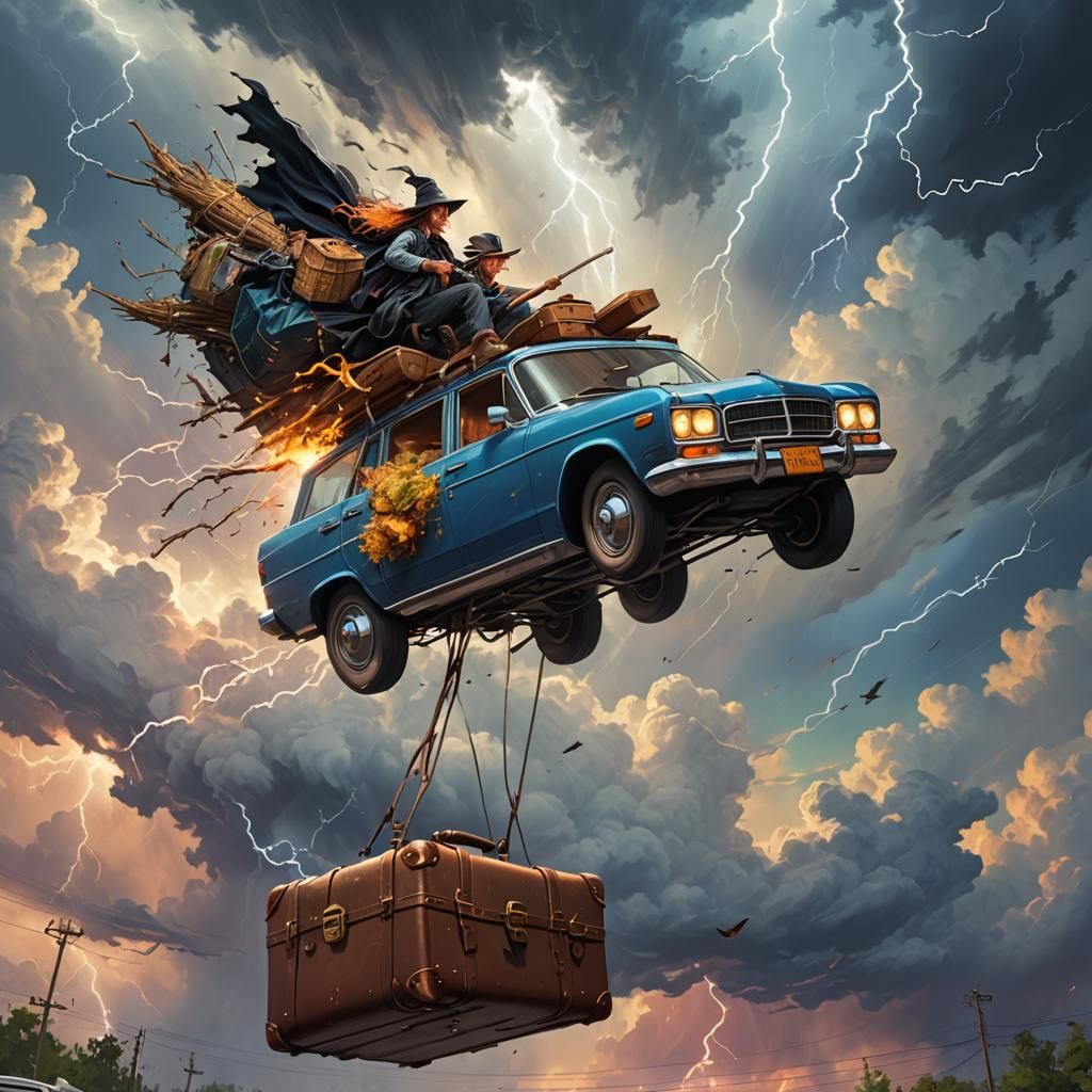 Witch's Broom Roadtrip in Hyperrealistic Splash Art