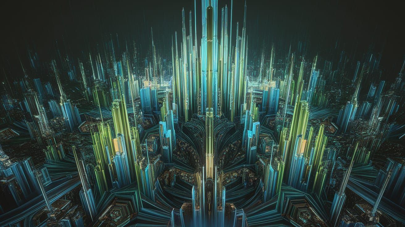 Neon Fractal Crystal City in Retro Art Deco Style