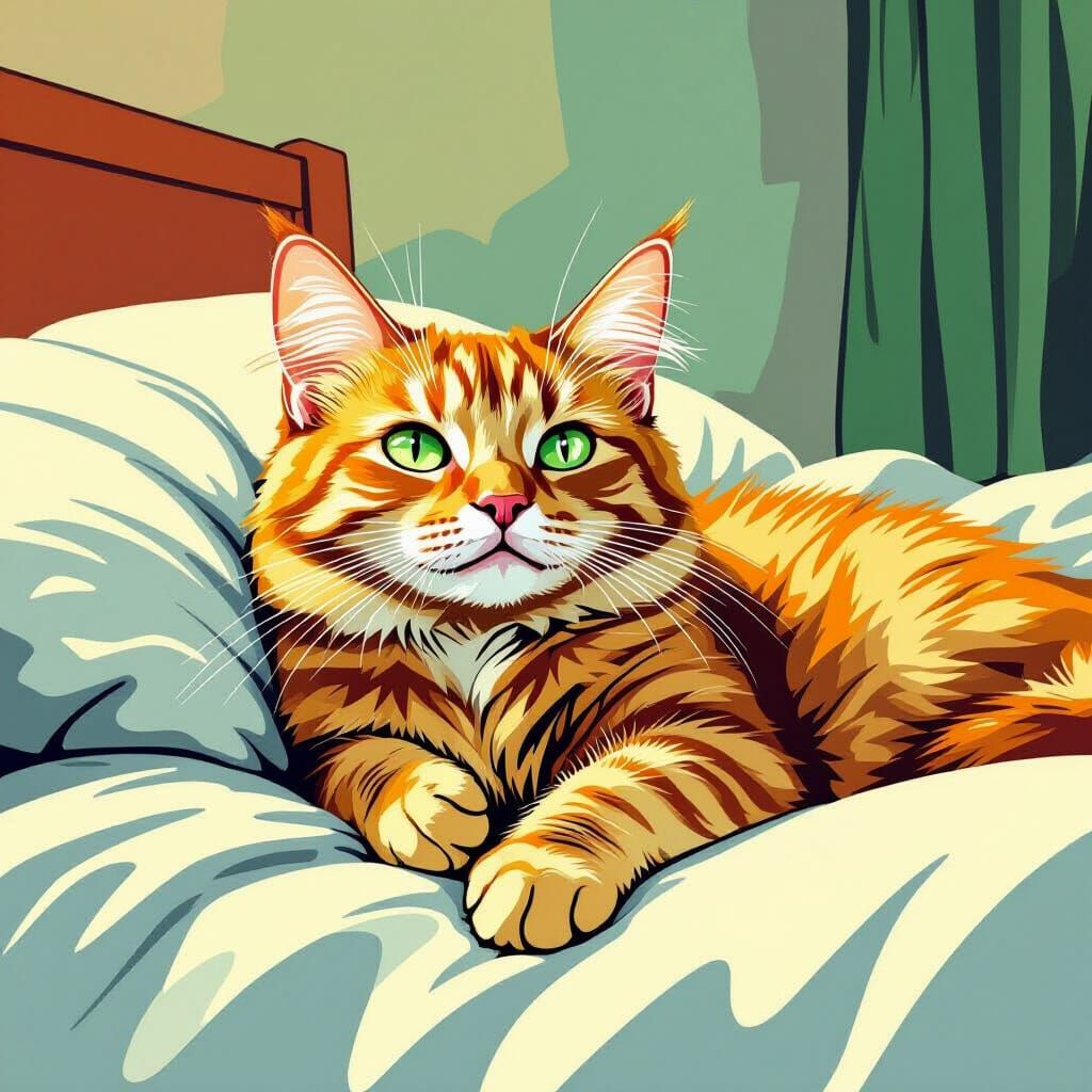 Ginger Cat Purring on Bed in Comic Book Style
