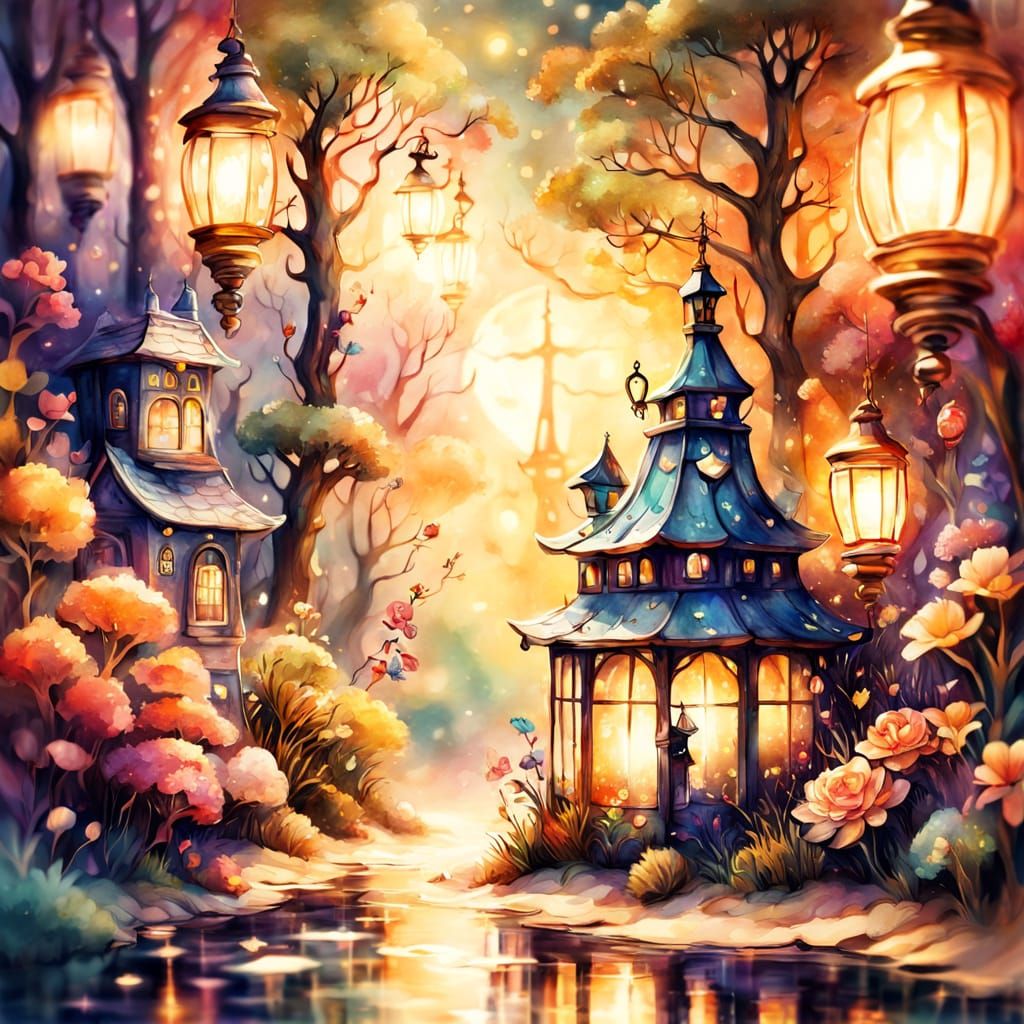 Whimsical World in Lantern, Watercolor Masterpiece