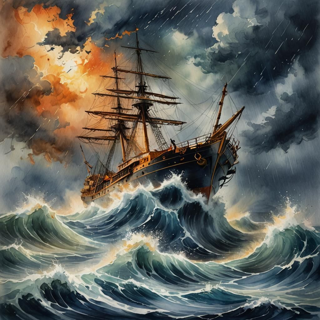Ship in Ocean Storm: Expressive Watercolor Painting