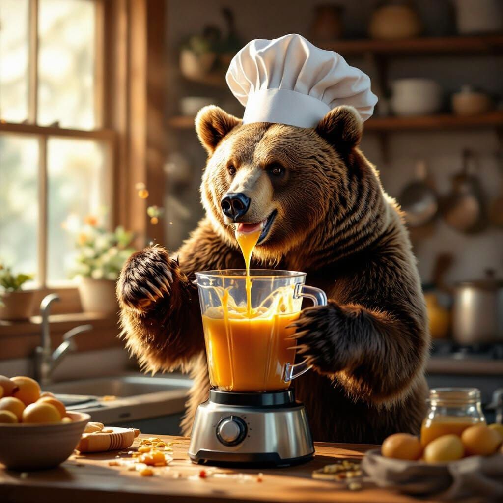 Grizzly Bear Chef Blends Honey Smoothie in Cozy Kitchen