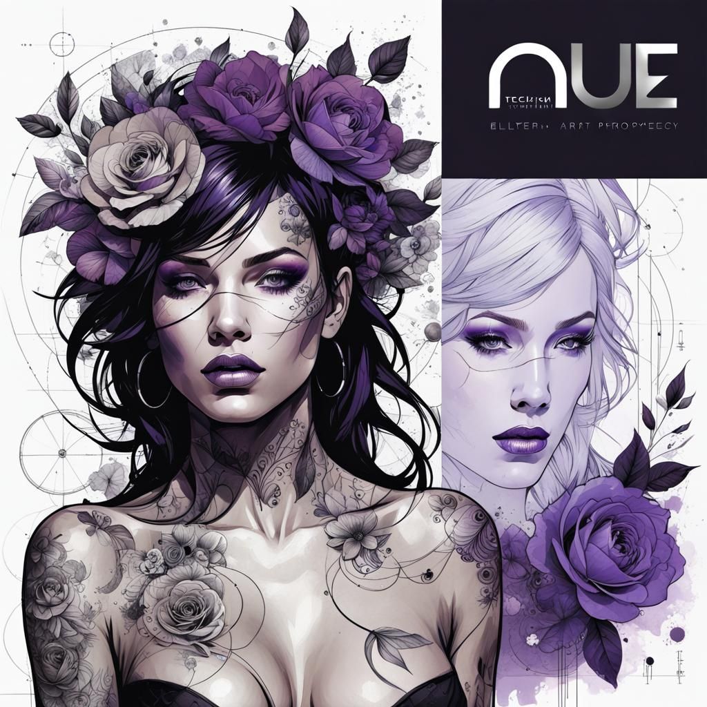 Floral Tattooed Nude in Purple, Silver and Black