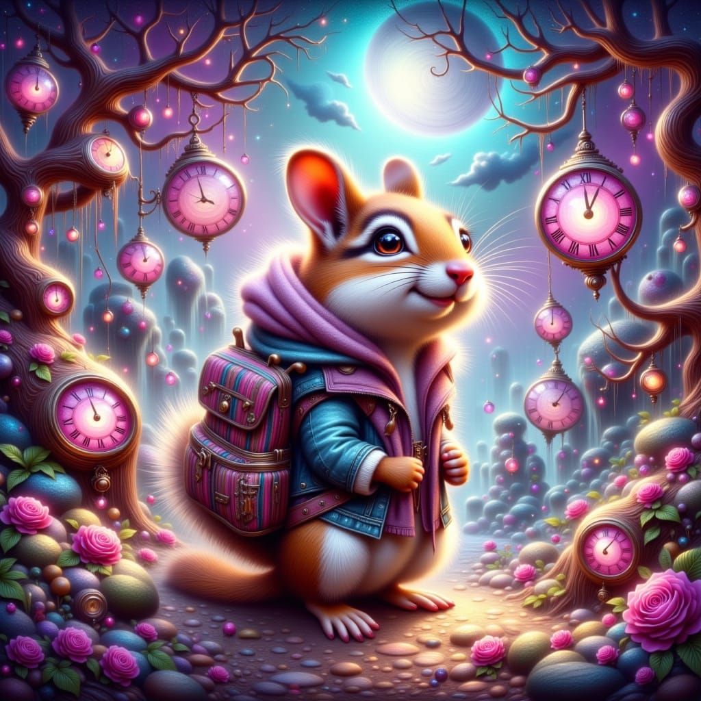 Chipmunk in Dreamlike Realm with Warped Clocks
