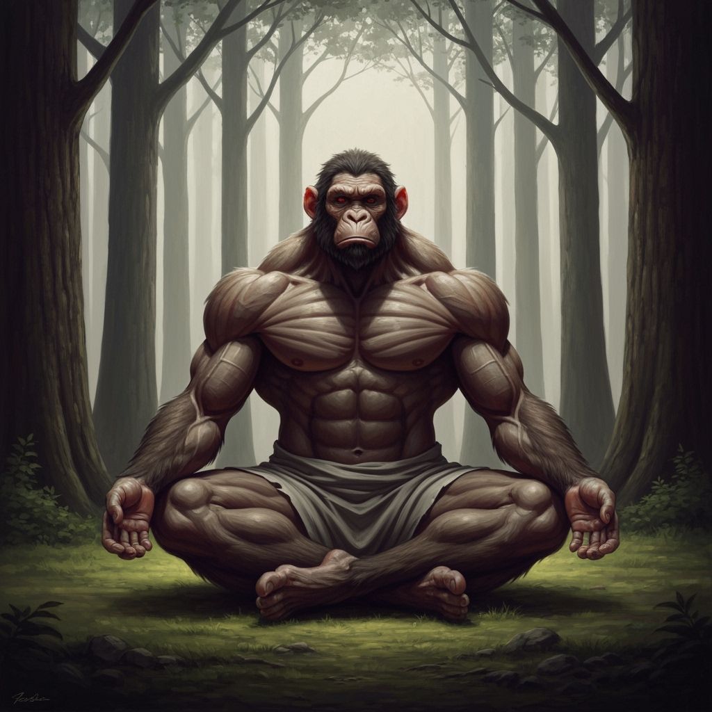 Meditative Anthropomorphic Ape in Forest Oil Painting