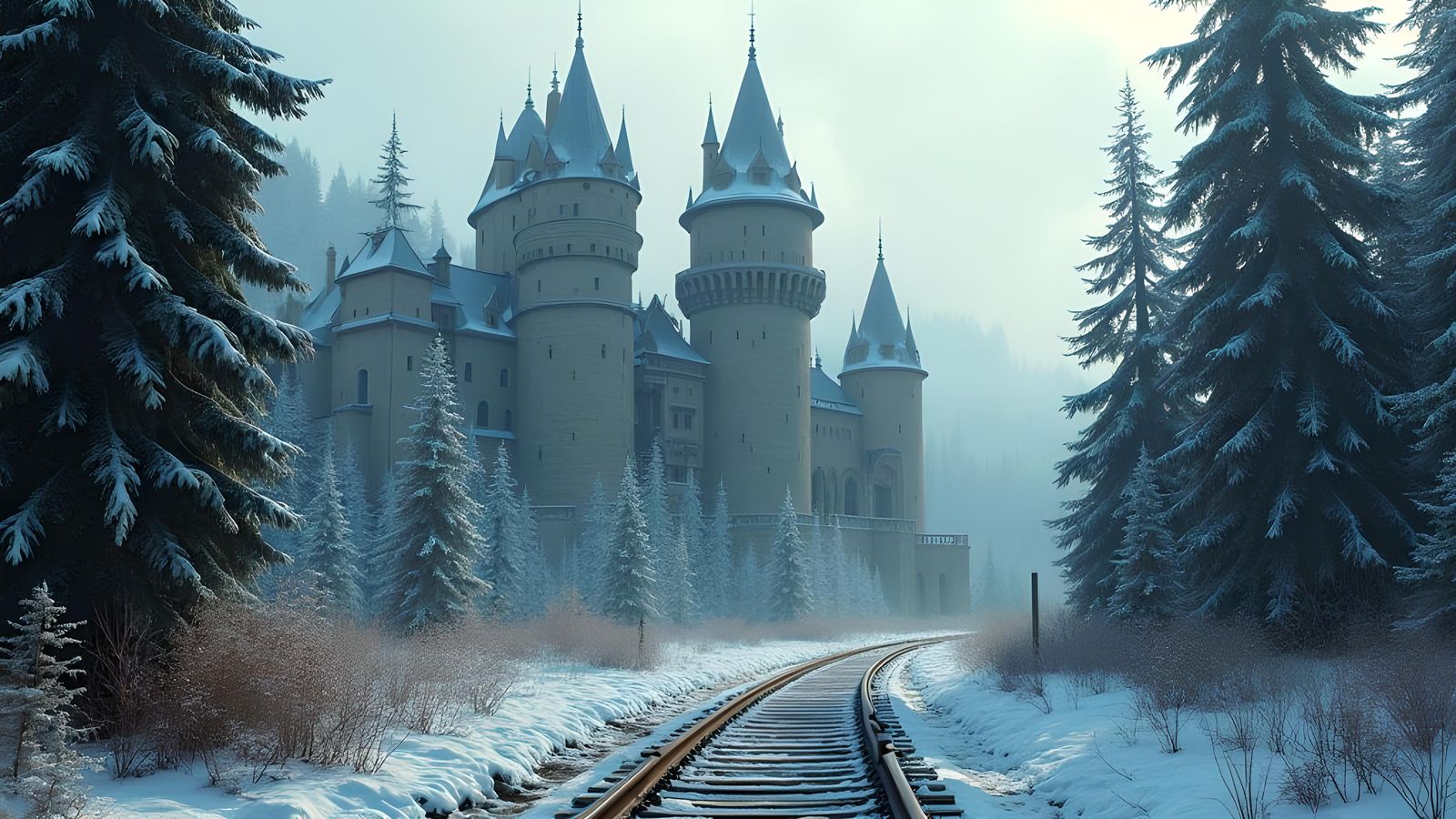 Snowy Castle by Forest and Tracks, Detailed Matte Painting