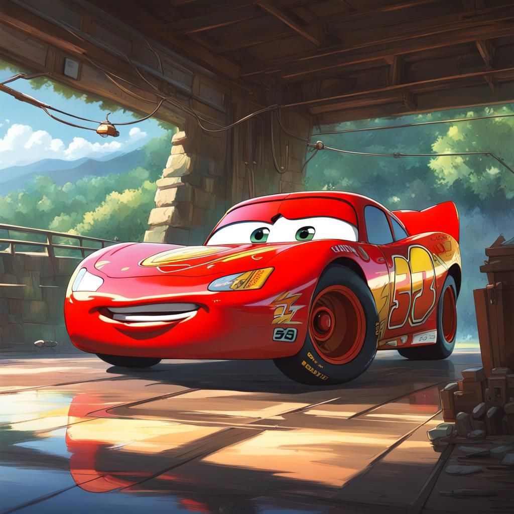 Lightning McQueen in Studio Ghibli Anime Style