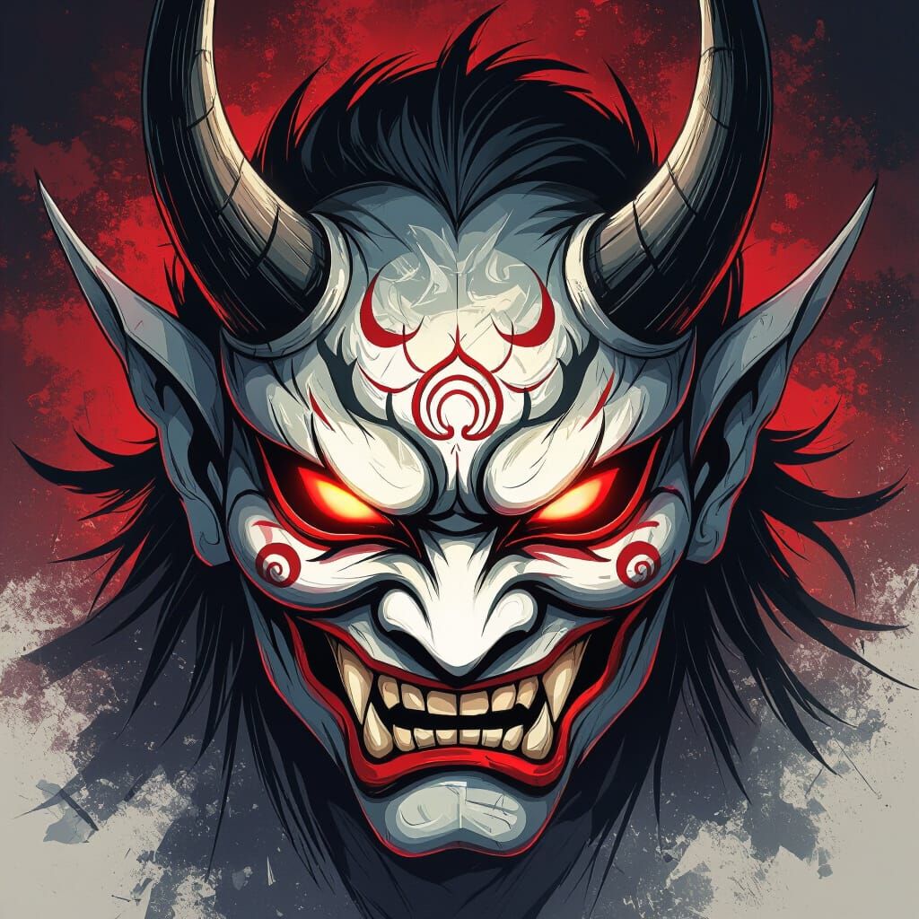 Fierce Manga Style Oni Mask with Crimson Glow